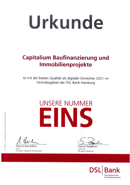 Urkunde-DSL-Bank-Qualitaet Einreichung 2022_Capitalium-Finanberater-Baufinanzierung-Hamburg-Kredit-Immobilienkauf-Matthias-Drews-Anja-Willumeit-Baufi